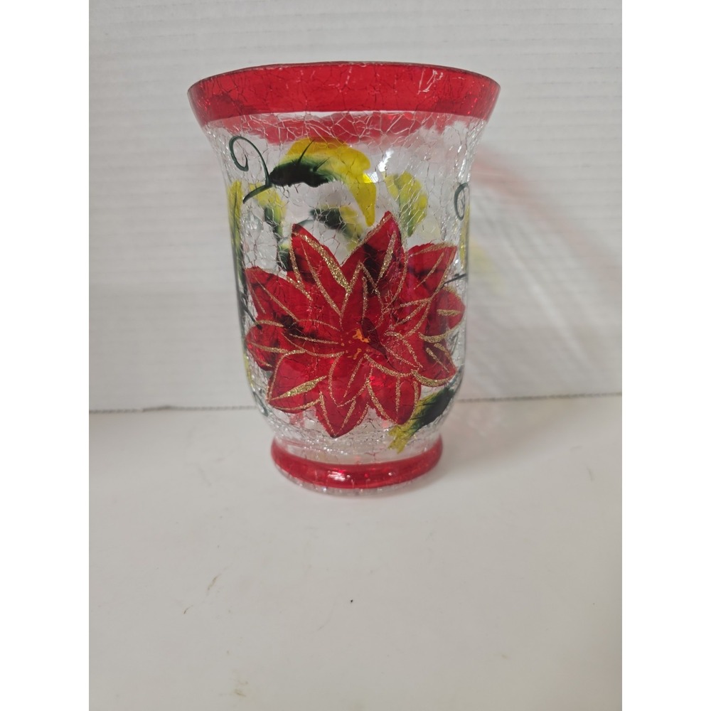Home Holiday Hand-Painted Poinsettia Hurricane Candle‎ Holder Vase EUC
